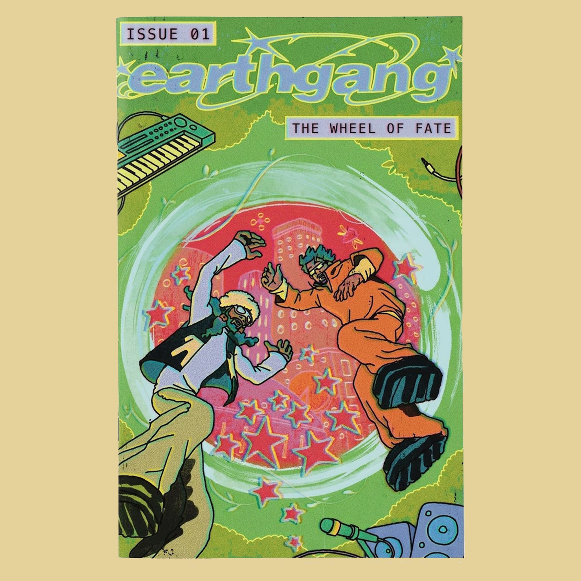 Cover of 'Earthgang: The Wheel of Fate' with two figures dancing against a colorful background.