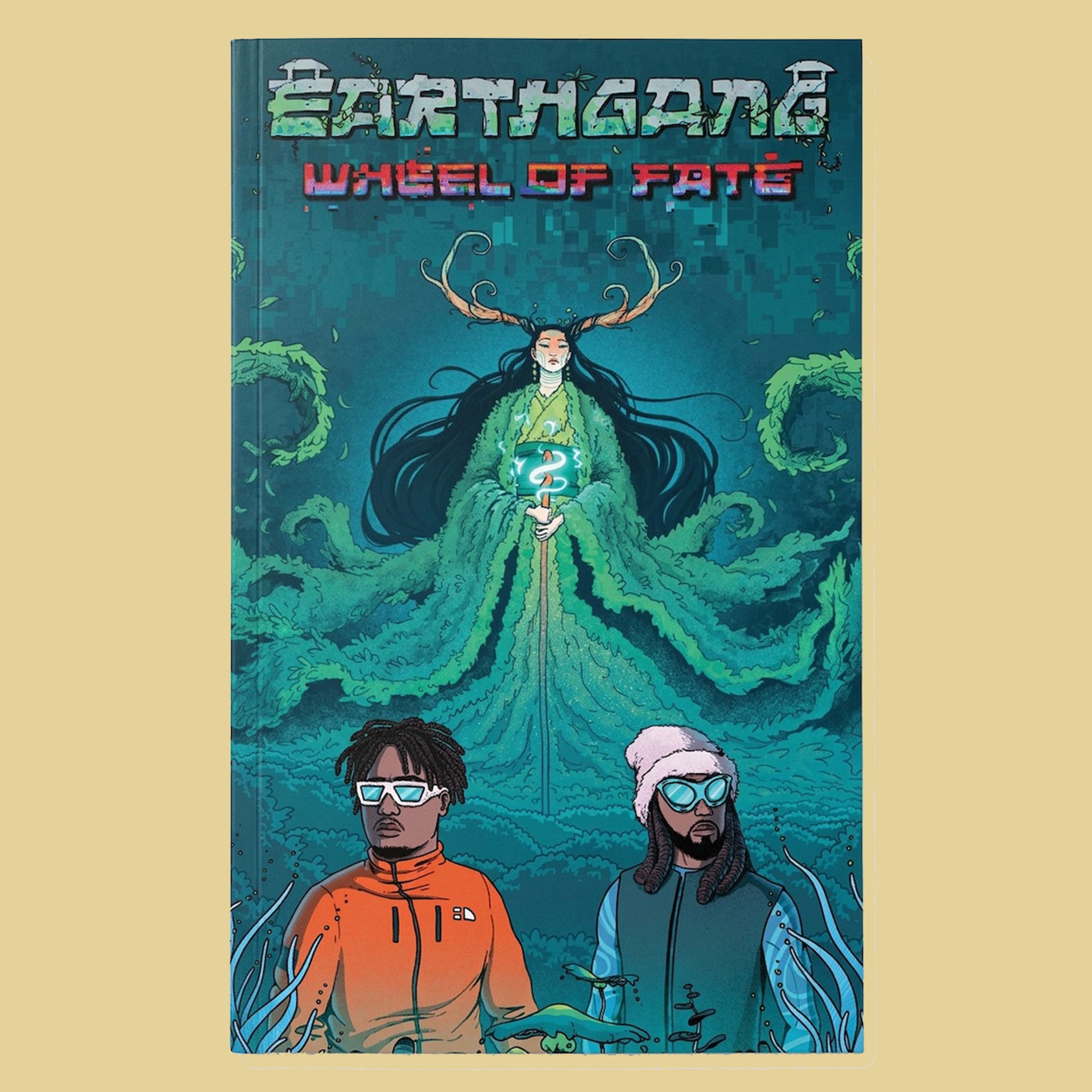 Book cover of 'Earthgane: Wheel of Fate' with a fantasy design and two characters at the bottom.