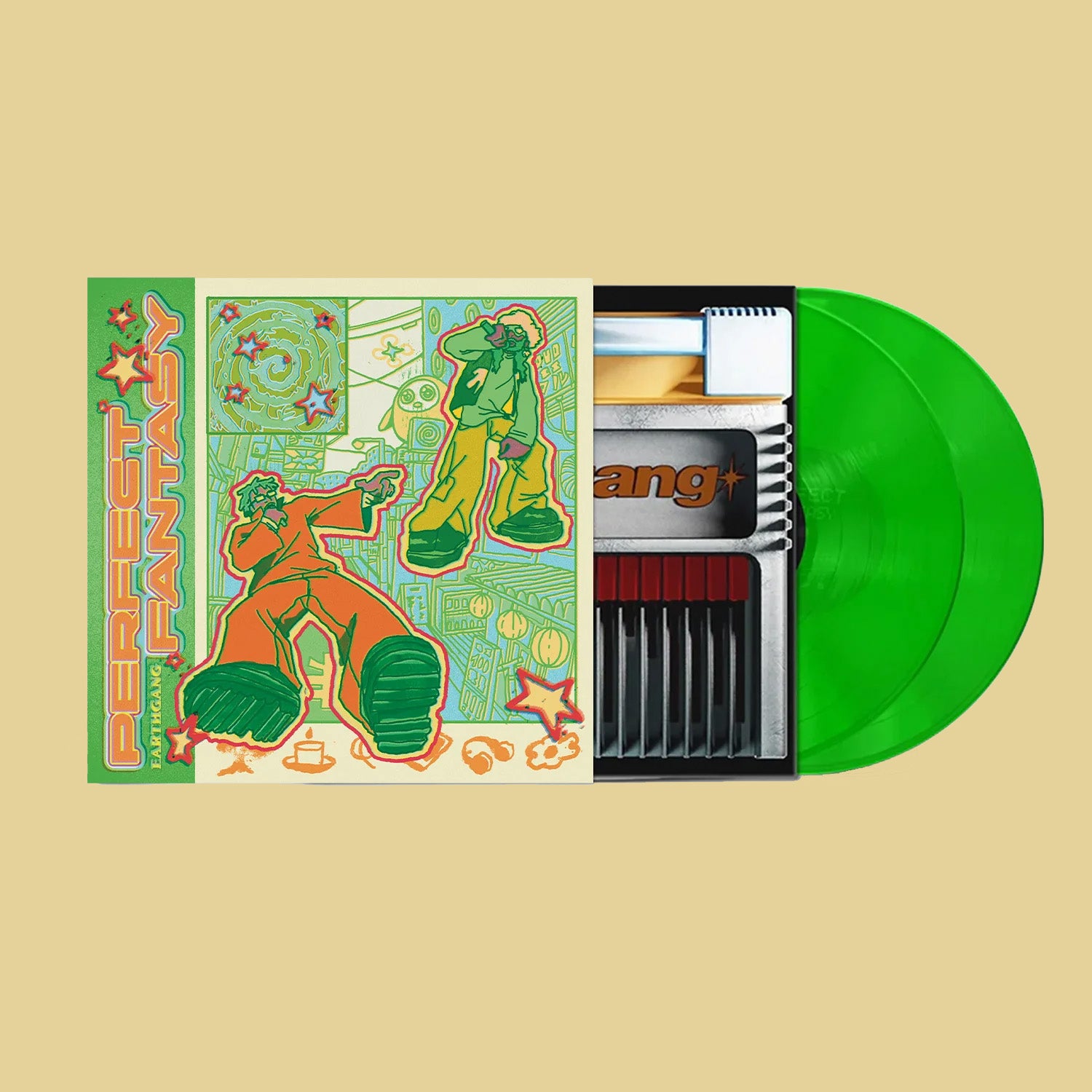 Vinyl record with colorful cover featuring cartoon characters on a beige background